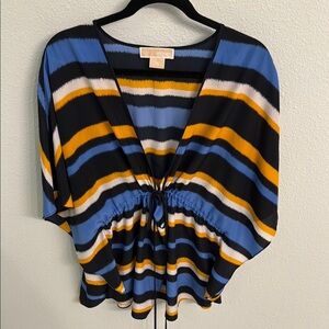 Michael Kors Black, Blue & Yellow Striped Drawstring Blouse